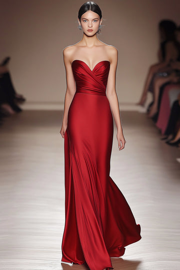 Zapaka Women Red Satin Long Formal Dress With Slit Strapless Sweetheart Ruched Mermaid Gala Dress